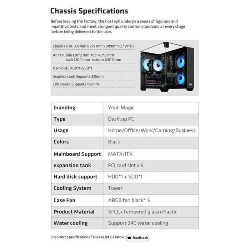 Yeah Magic CUBE MATX PC Case 270° Panoramic View Ultra-Clear Triple-Glass Showcase Design Supports up to 5 Fans
