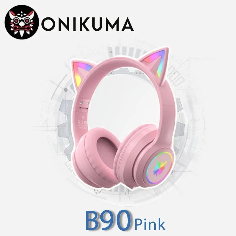 Onikuma B90 Pink Cat Ear Gaming Headset RGB Bluetooth 5.0 Foldable Wireless Headphones With HD Mic For PC Laptop Mobile Gaming **Ships from China**