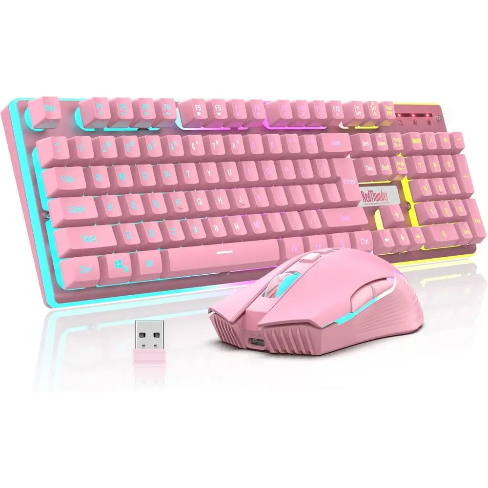 Wireless Pink Gaming Keyboard and Mouse Set, LED Backlit, Rechargeable 3800mAh, Mechanical Key Anti-ghosting + 7D 3200DPI Gaming Mouse