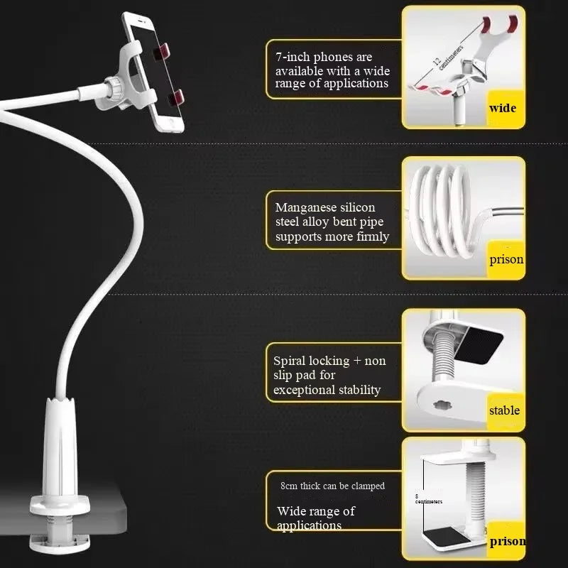 Universal Lazy Phone Holder Clip Stand for Bed and Desk, white plastic gooseneck clip by Perfect Take Gear