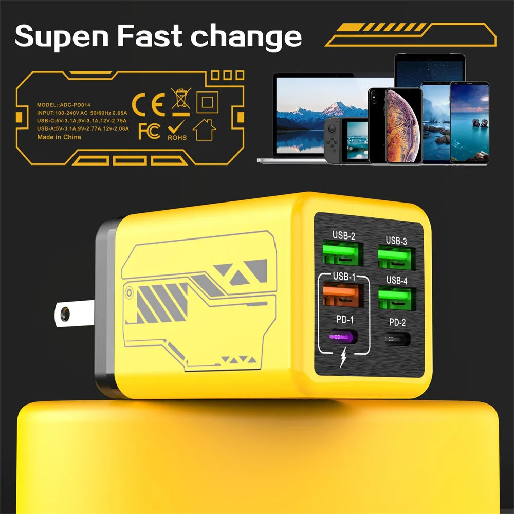 6 in 1 240W Type C Charger PD Fast Charging Phone Power Adapter For iPhone Samsung Xiaomi EU/US Plug Quick Charge Wall Charger**Ships from China**