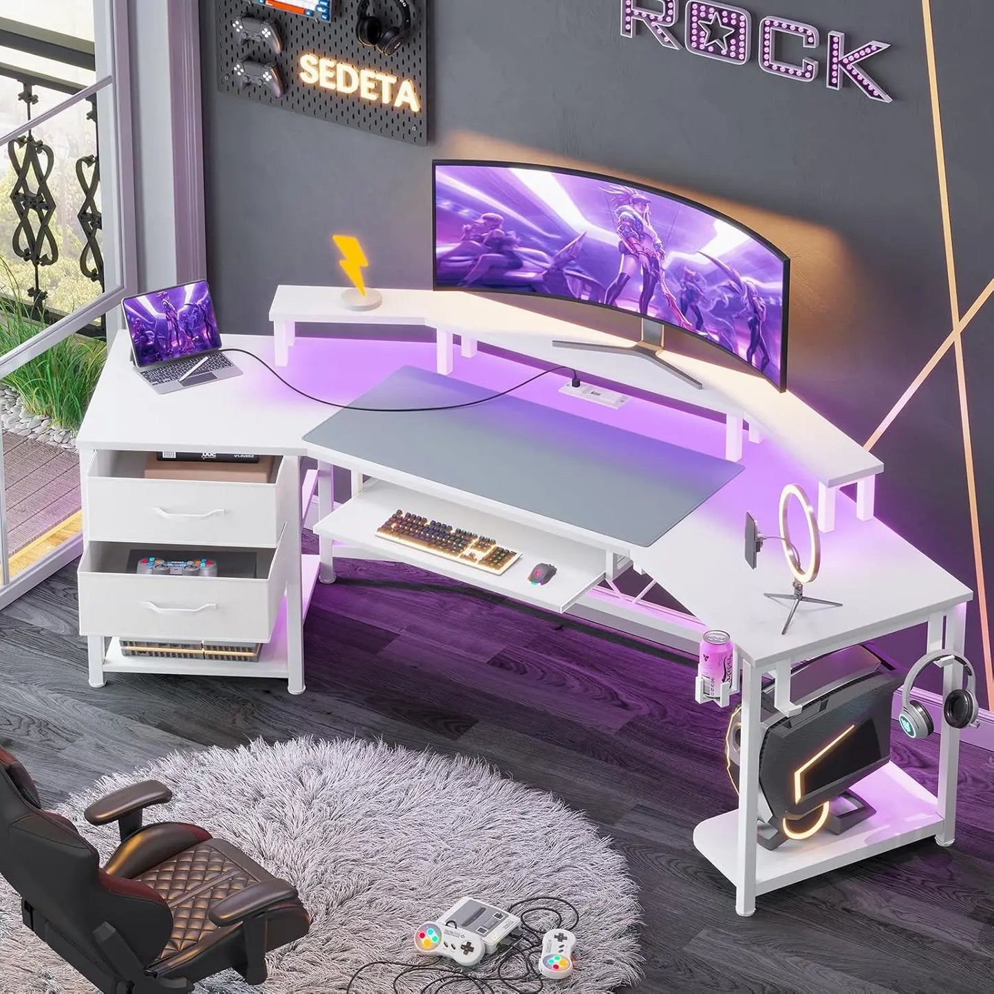 79" Gaming Desk, Computer Desk with 2 Fabric Drawers & LED Light, L Shaped Gaming Desk with Storage Shelf for Home, Customized