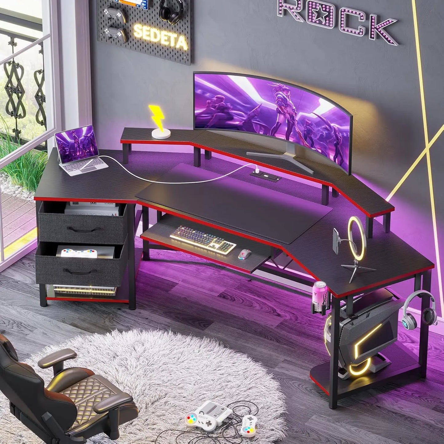 79" Gaming Desk, Computer Desk with 2 Fabric Drawers & LED Light, L Shaped Gaming Desk with Storage Shelf for Home, Customized