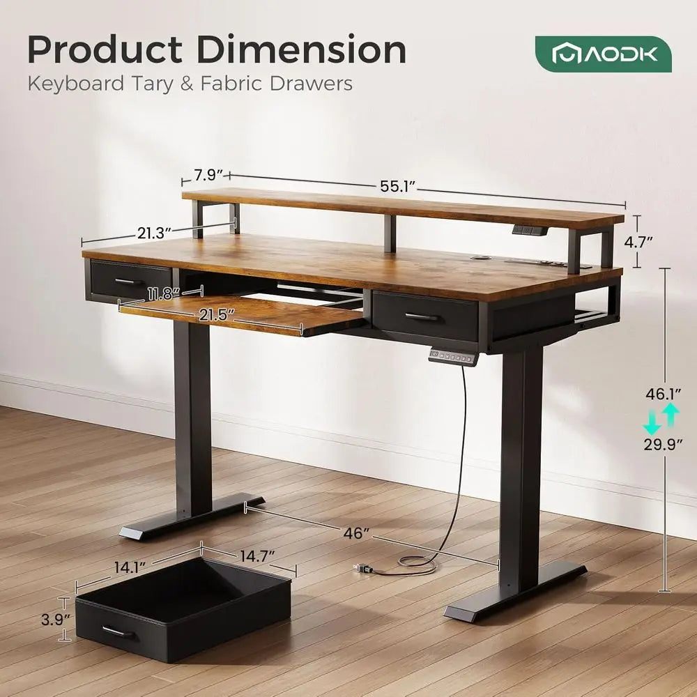 55 Height-Adjustable Standing Desk with Drawers, Keyboard Tray, Power Outlets, LED Lights, and Monitor Stand for Home or Office