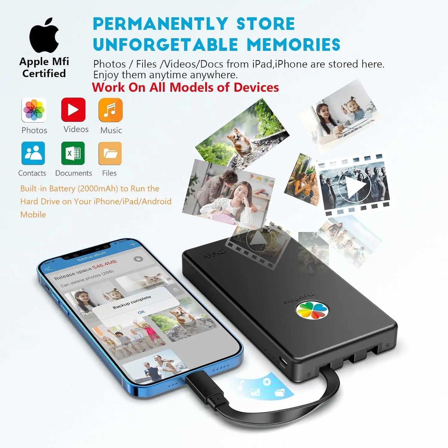 2TB MFi Certified External Hard Drive for iPhone iPad Android Mac PC Backup Photos Videos Storage