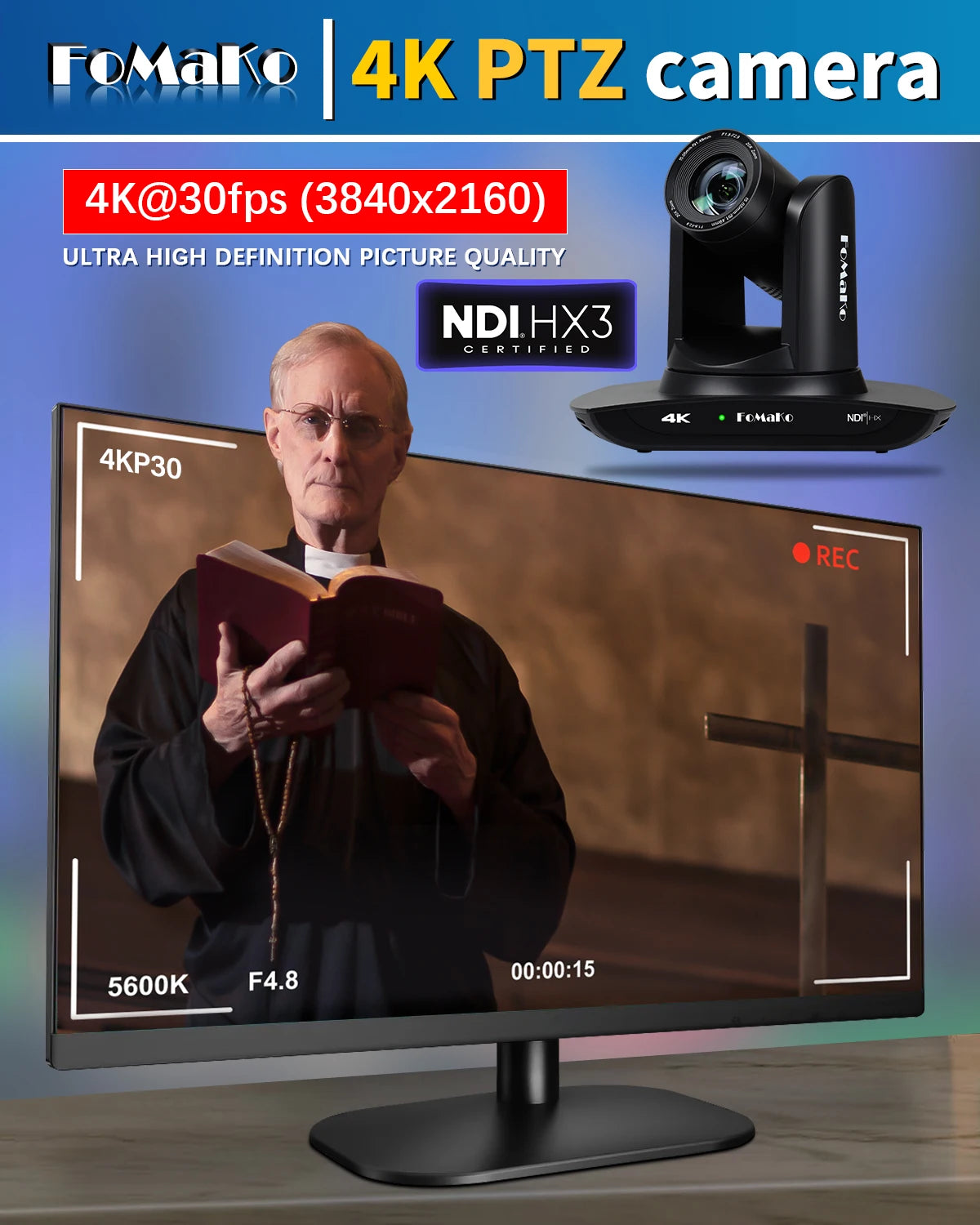 FoMaKo 4K PTZ Camera With HDMI NDI AI 20X AutoTracking