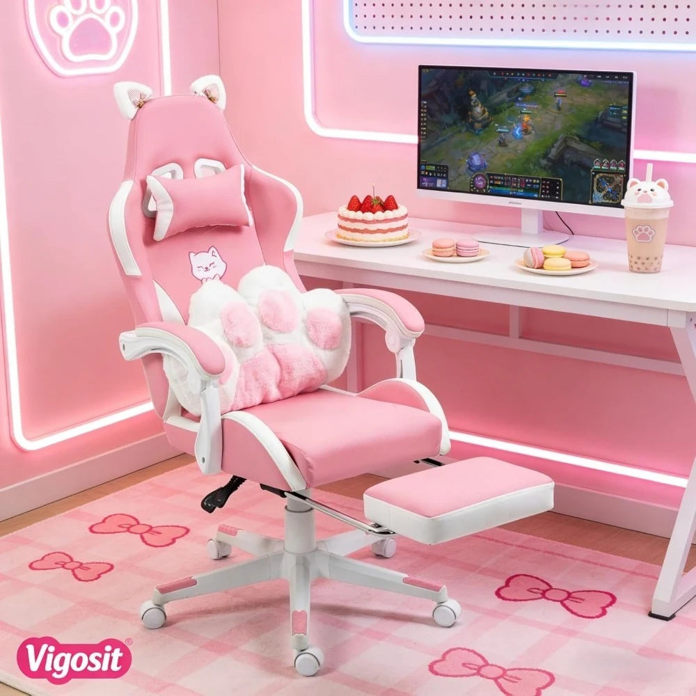 Cat, Dog, Cow Theme Gaming. Chair - Pink, Blue, Green , White PU Leather Ergonomic Reclining Office Chair with Footrest, 310lb Capacity, 6-Position, Customized Available in Multiple Colors.