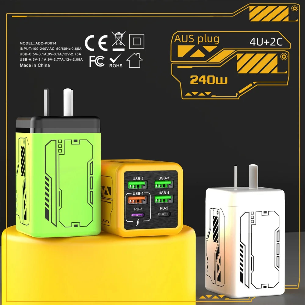 6 in 1 240W Type C Charger PD Fast Charging Phone Power Adapter For iPhone Samsung Xiaomi EU/US Plug Quick Charge Wall Charger**Ships from China**