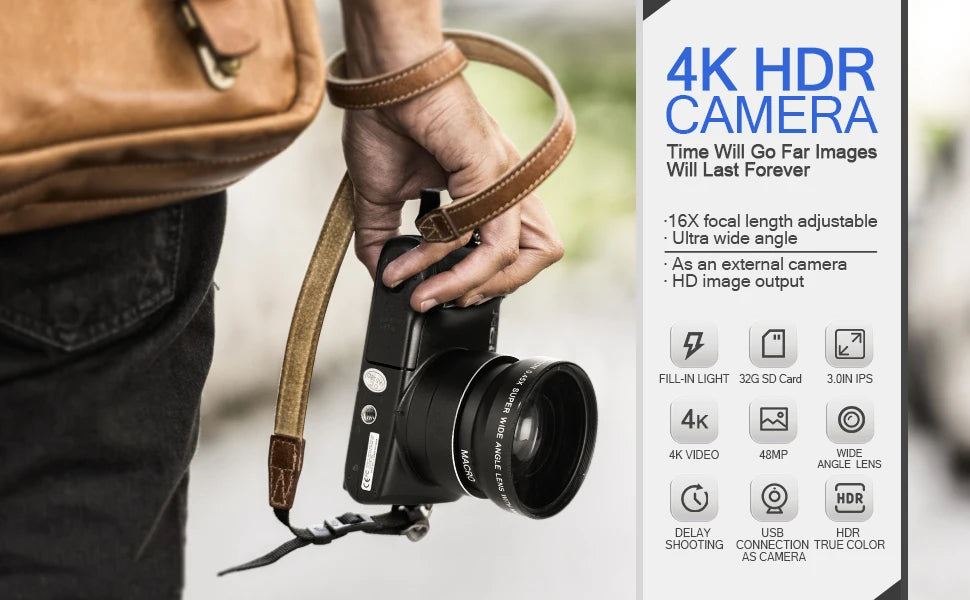 NBD 4k digital camera with optical image stabilization and wide angle lens