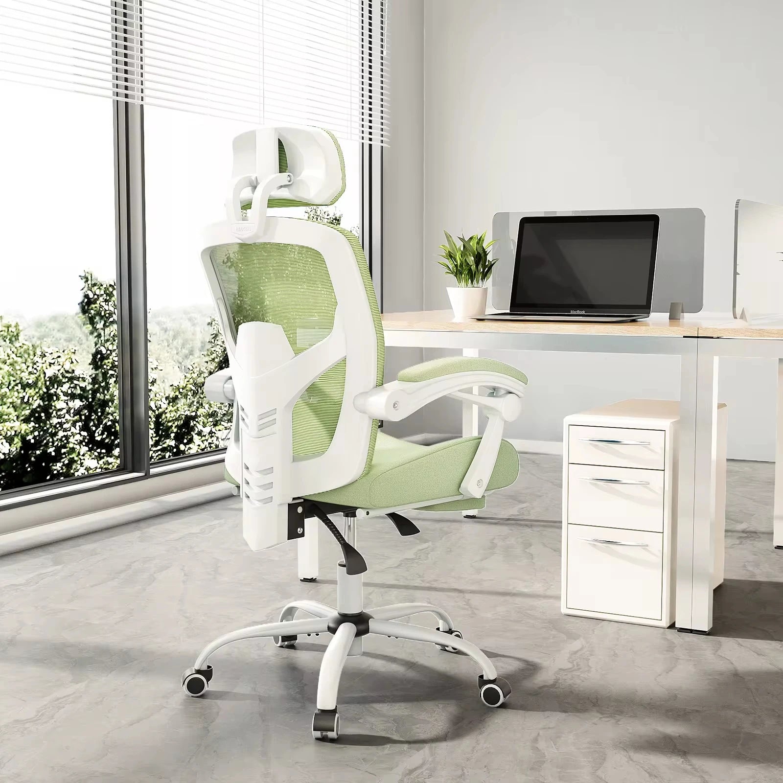 JHK ergonomic high-back mesh gaming chair in light green, side view in a home office