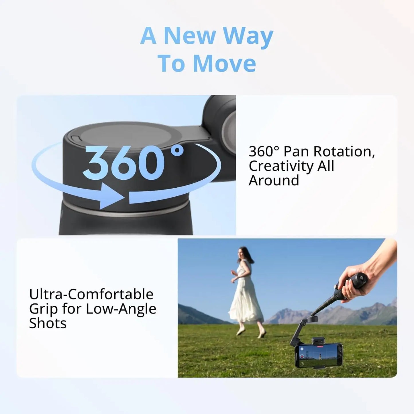Black DJI Osmo Mobile 8 smartphone gimbal stabilizer with 360° pan rotation, shown in a marketing collage.
