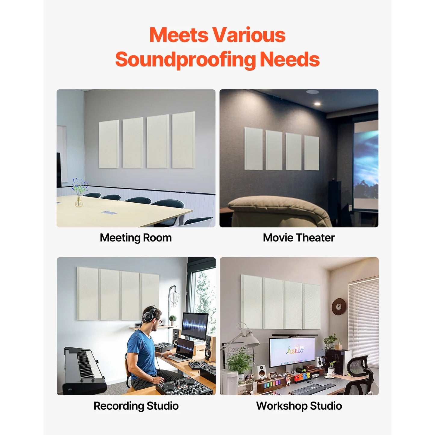 VEVOR 4 PCS Acoustic Panels Fiberglass Sound Absorbing Panels Self-adhesive Soundproof Wall Boards for Studios Office Home Beige