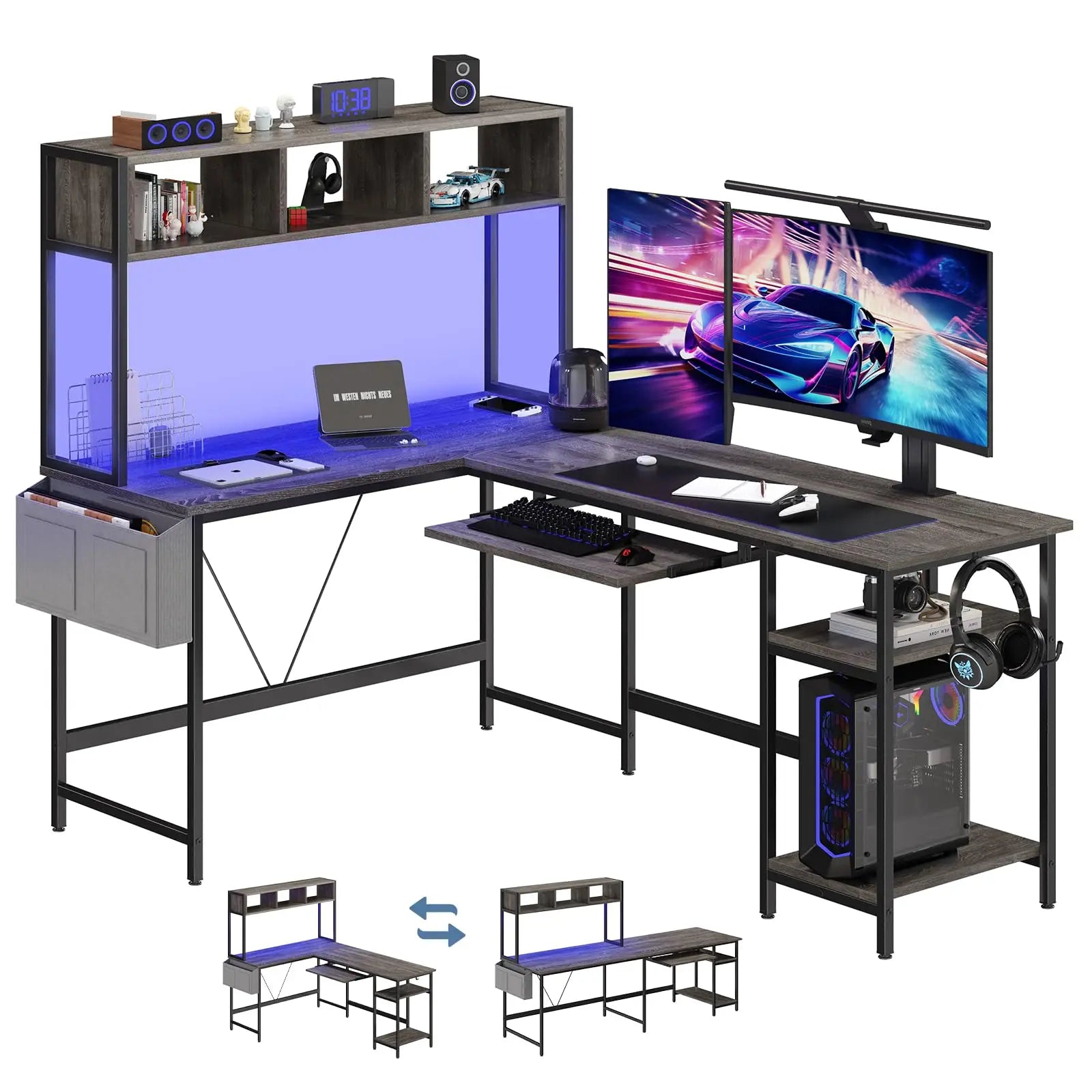 JHK 67in L-shaped gaming desk for compact spaces with LED lighting, keyboard tray, shelves, and metal frame