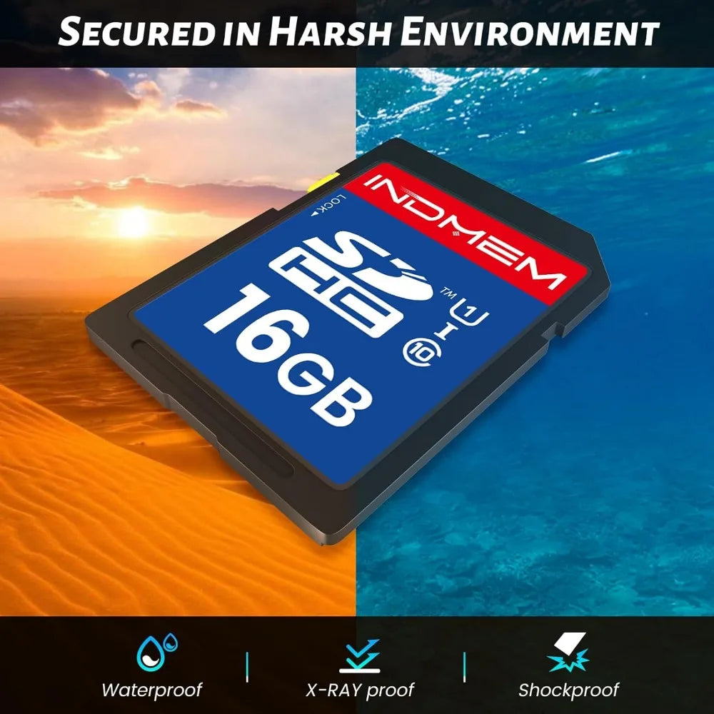 Micro SD card, 16GB, blue label with red accent; waterproof and shockproof