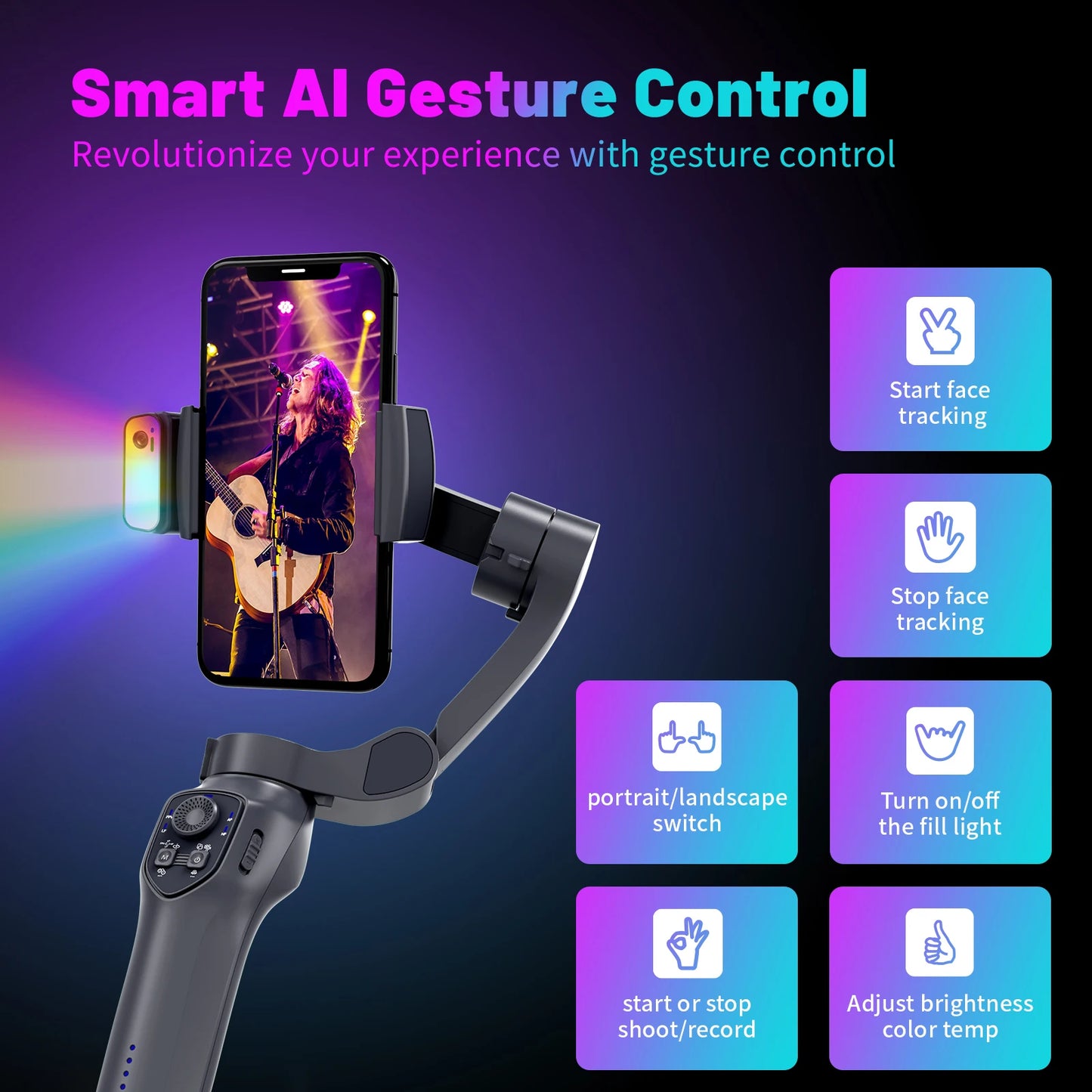 COMITOK L7C 3-Axis Smartphone Gimbal Stabilizer With AI Tracking Module & RGB Fill Light Version Foldable Portable with Face Object Tracking Compatible iPhone Android Anti-Shake Support Panorama Time-lapse Vlog Shooting
