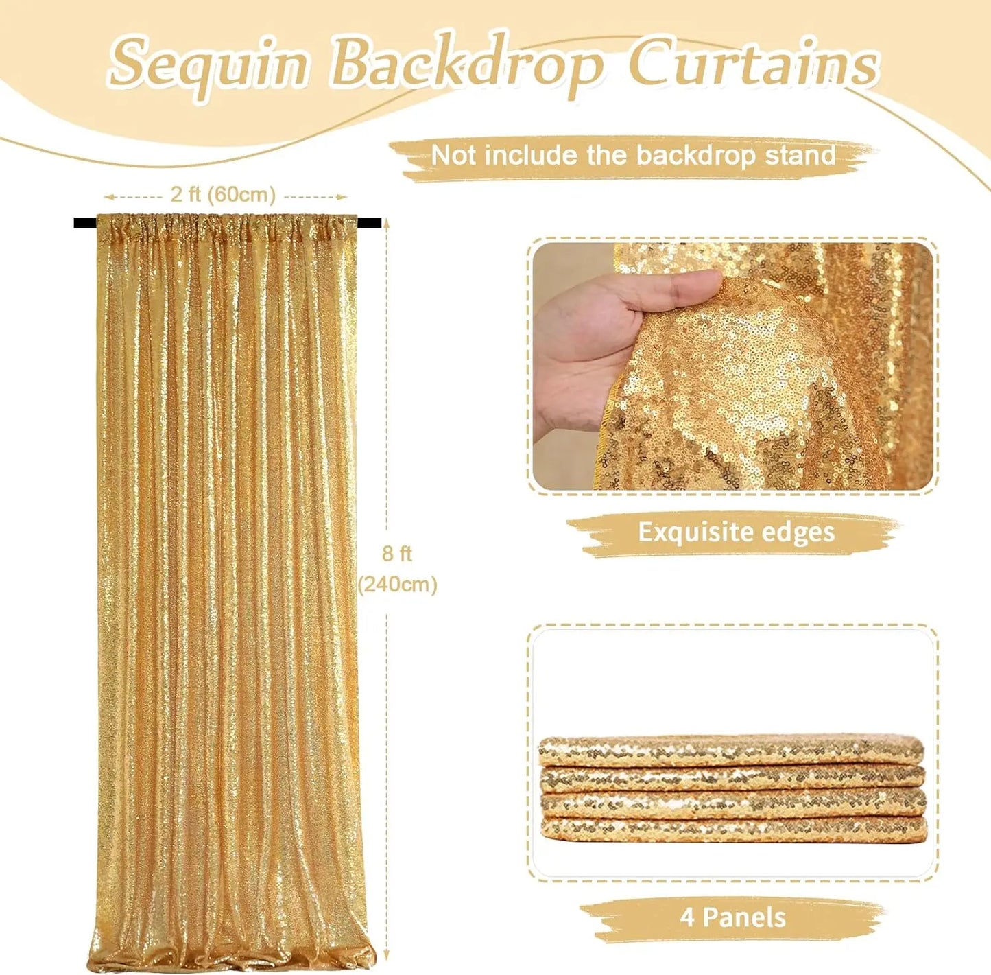 2×8FT-4PCS Gold Sequin Backdrop Curtains Panels, Photography Backdrop Glitter Curtains Fabric Background