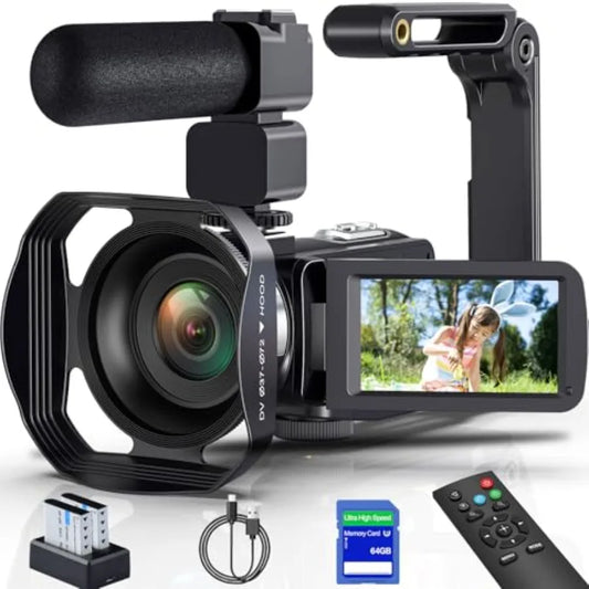 YouTube vlogging camera with 8K/64MP resolution, 18x digital zoom, IR night vision, WiFi, 3.0 touch screen, 32GB SD card, remot