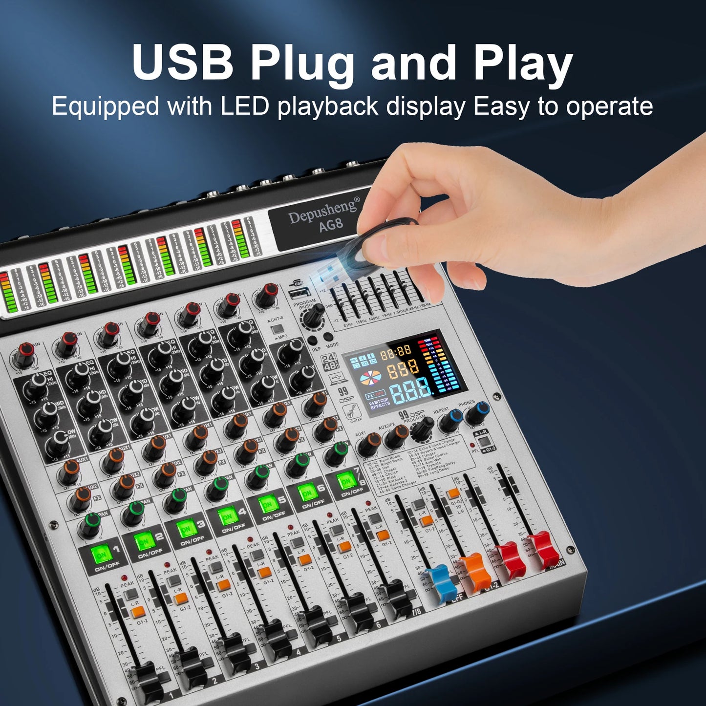 Depusheng AG8 8 Channel Mixer Professional audio console mixer DJ console for audio stage 99 DSP digital effects