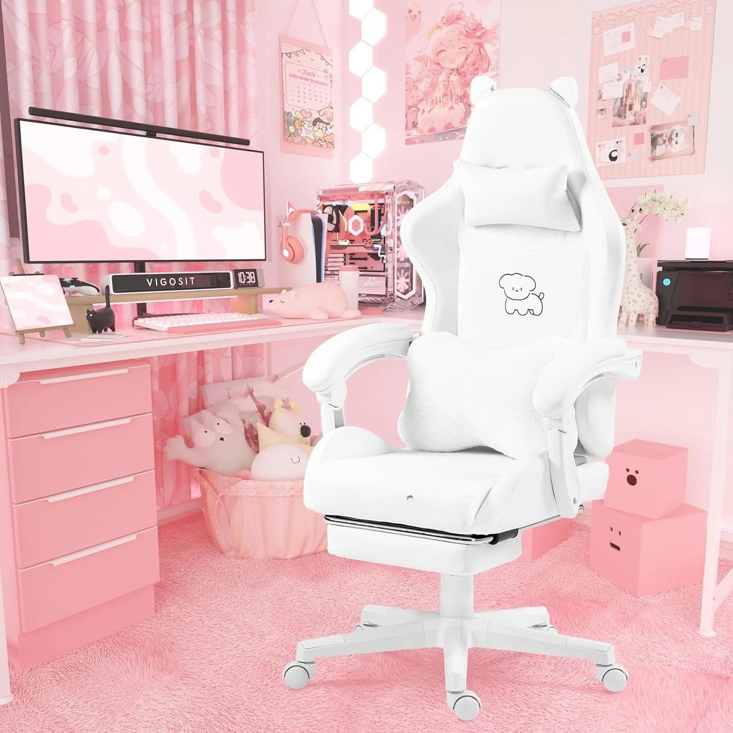 Cat, Dog, Cow Theme Gaming. Chair - Pink, Blue, Green , White PU Leather Ergonomic Reclining Office Chair with Footrest, 310lb Capacity, 6-Position, Customized Available in Multiple Colors.