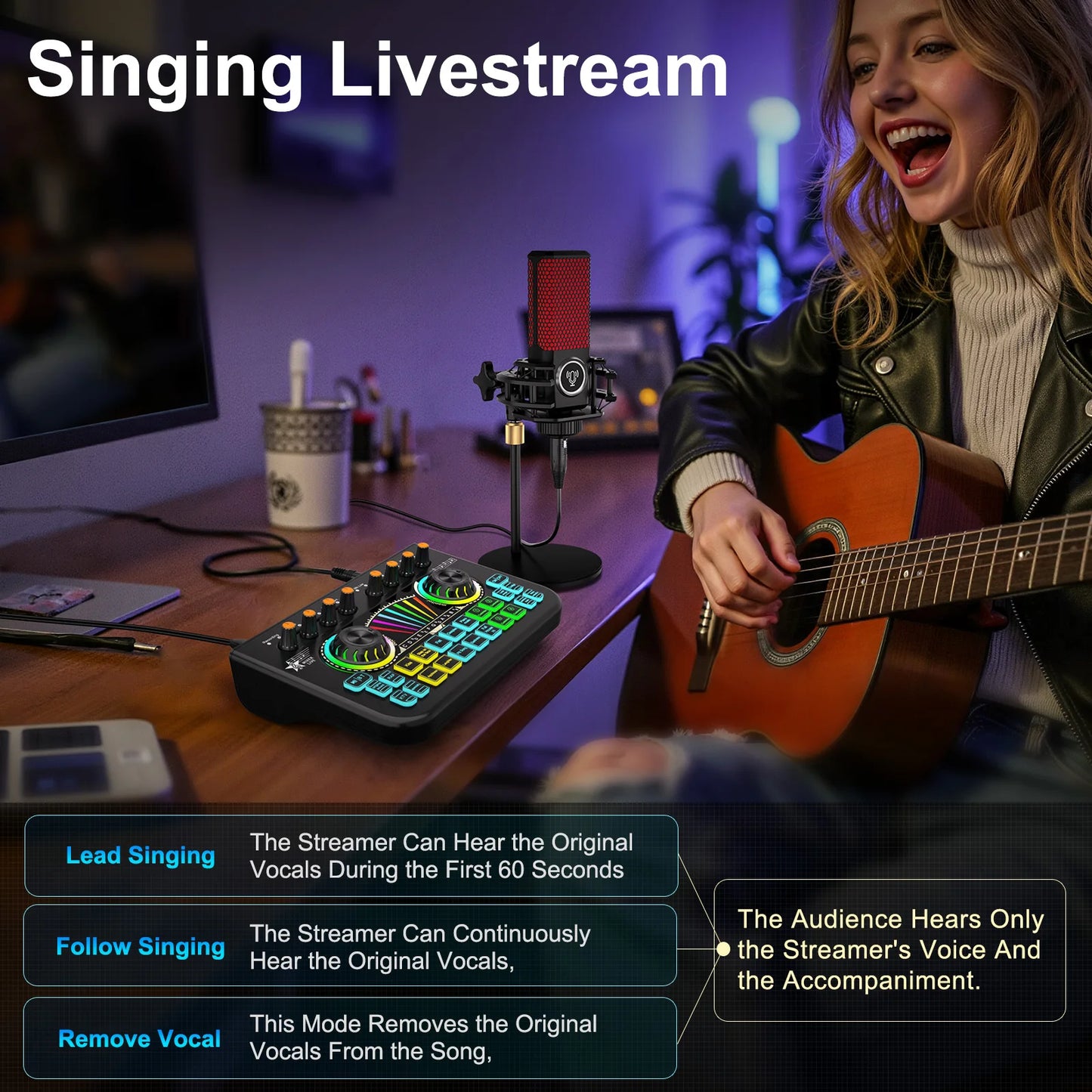 NXG Audio Mixer, Voice Changer, Noise Reduction, Lead Vocal Podcast Mixer Sound Card, 3.5Mm/6.35Mm Dynamic Microphone Audio Interface, for Pc/Phone Live Streaming Gaming Live Sound Card (Black)