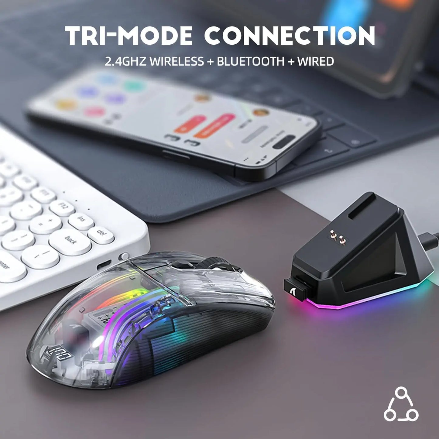 ATTACK SHARK X2Pro Wireless Gaming Mouse with RGB Charging Dock,Tri-Mode Mute Mouse RGB Backlit, Transparent Shell, PixArt 3212Available in Black or White