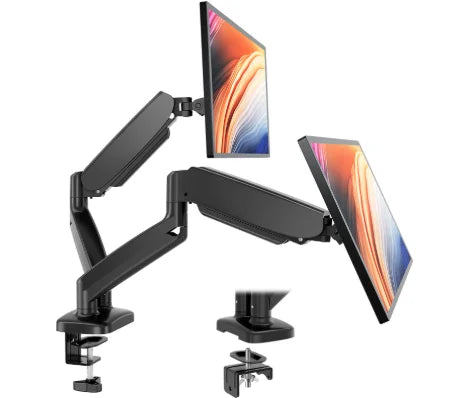 Gas spring dual monitor desk mount with VESA swivel brackets and dual clamp bases