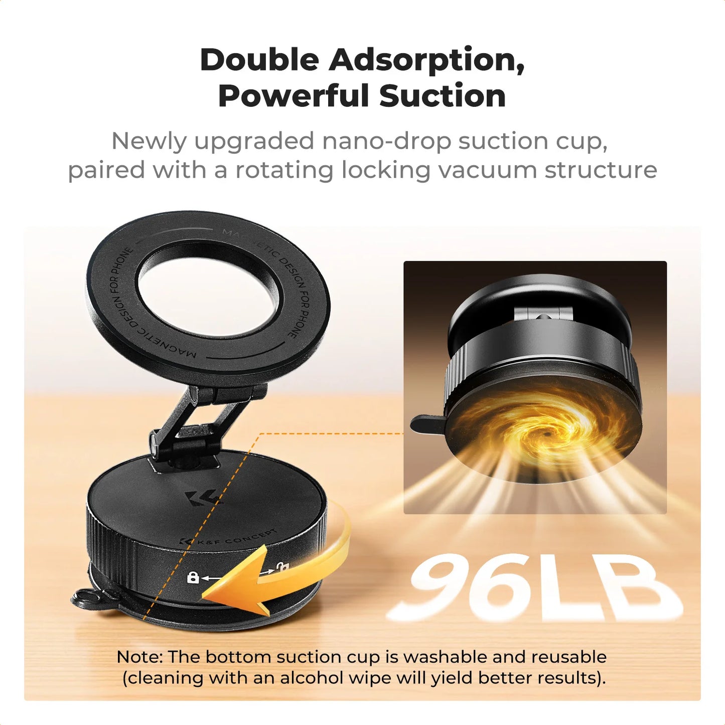K&F CONCEPT Magnetic Phone Holder with Suction Cup Base for Smooth Surfaces – 360° Rotatable Mount for iPhone & Android MagSafe