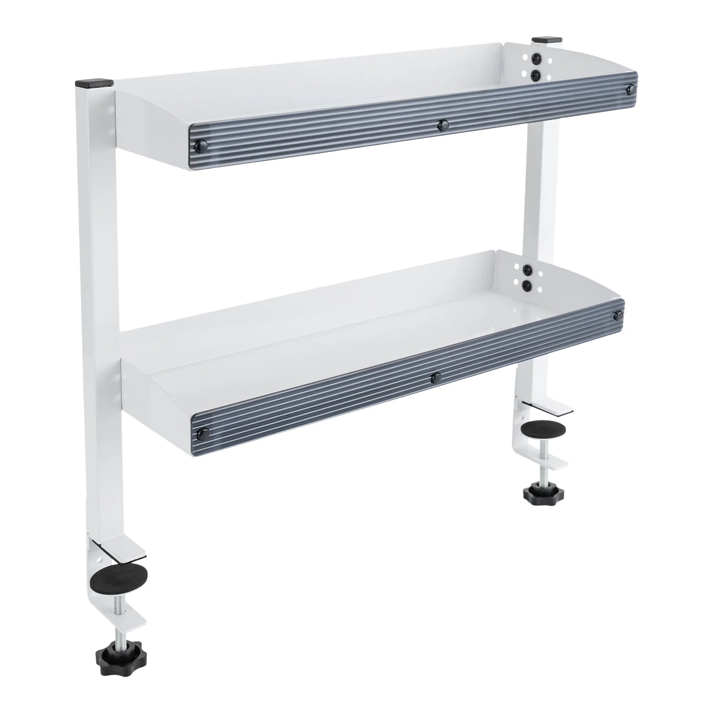 Carbon steel two-tier desk shelf with clamp mount, side angle view