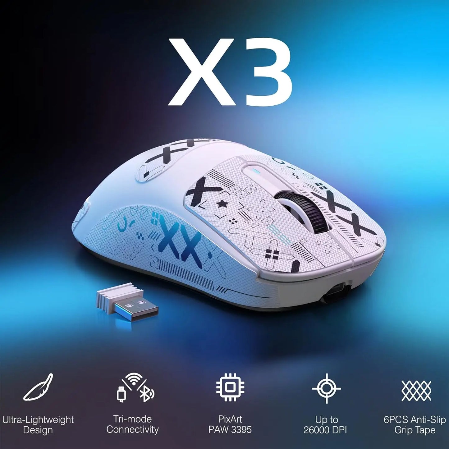 ATTACK SHARK X3 Lightweight Wireless Gaming Mouse, 49g Tri-Mode,PAW3395 26K DPI Sensor, 200h Battery Life,5 Programmable Buttons Multiple Colors
