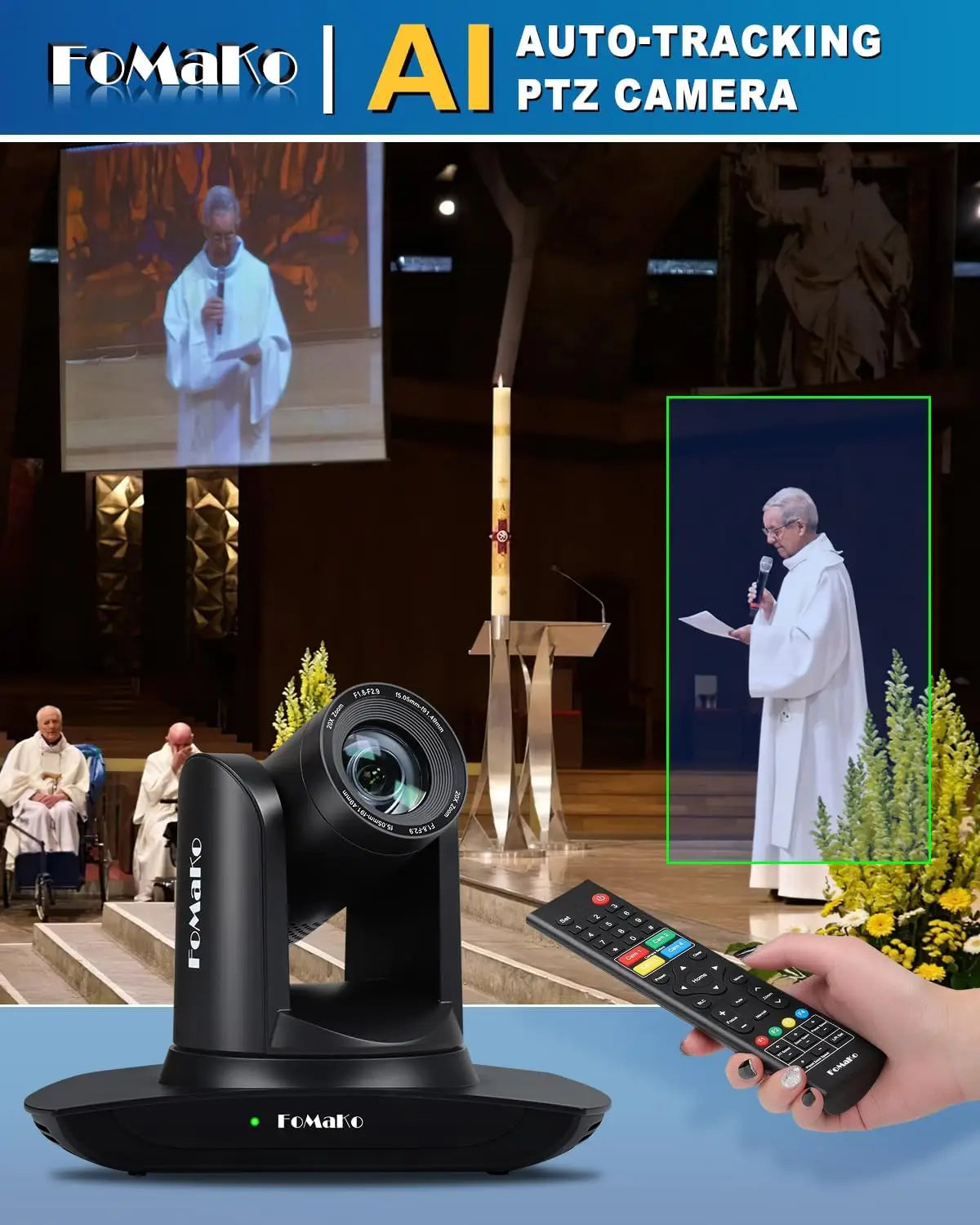 FoMaKo 20x Optical Zoom HDMI PTZ Camera AI Auto-Tracking Gen 3,for Church Live Service Event (FMK12UH Pro-B X3+KC601+KC608)Black