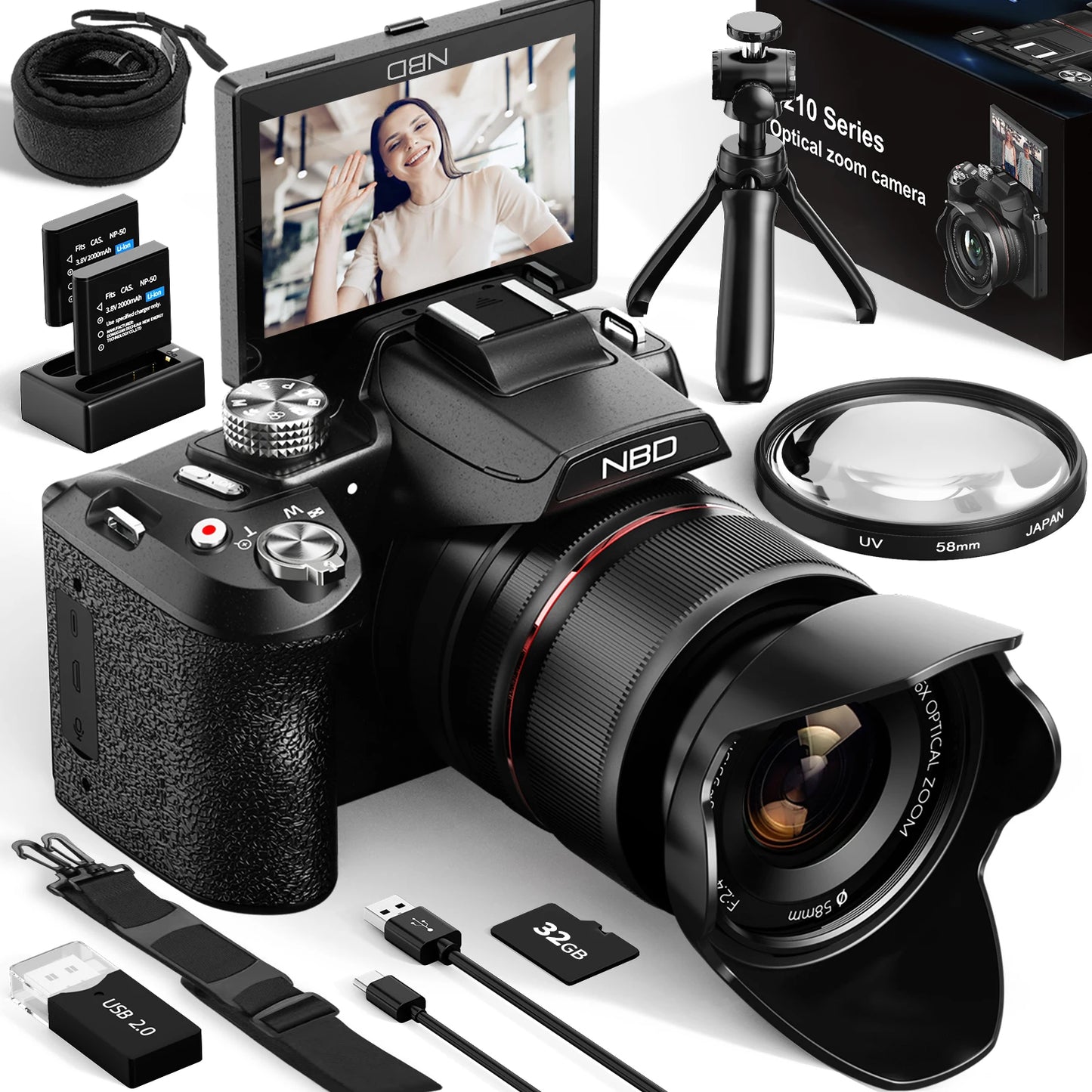 NBD 64MP Digital Cameras for Photography, 16X Optical Zoom Camera with WiFi & App Control, Vlogging Camera with 180°Flipable Screen