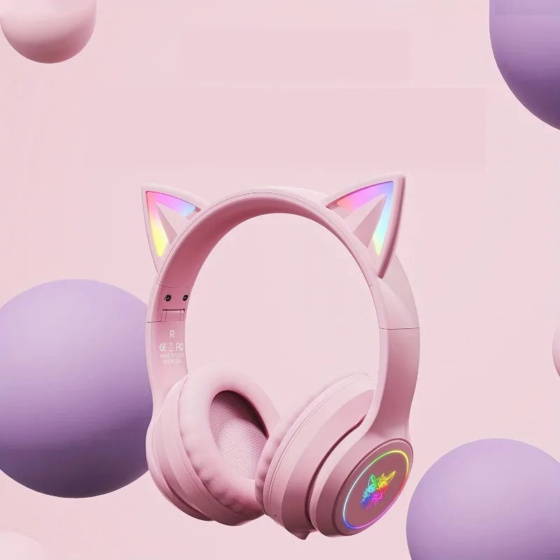 Onikuma B90 Pink Cat Ear Gaming Headset RGB Bluetooth 5.0 Foldable Wireless Headphones With HD Mic For PC Laptop Mobile Gaming **Ships from China**