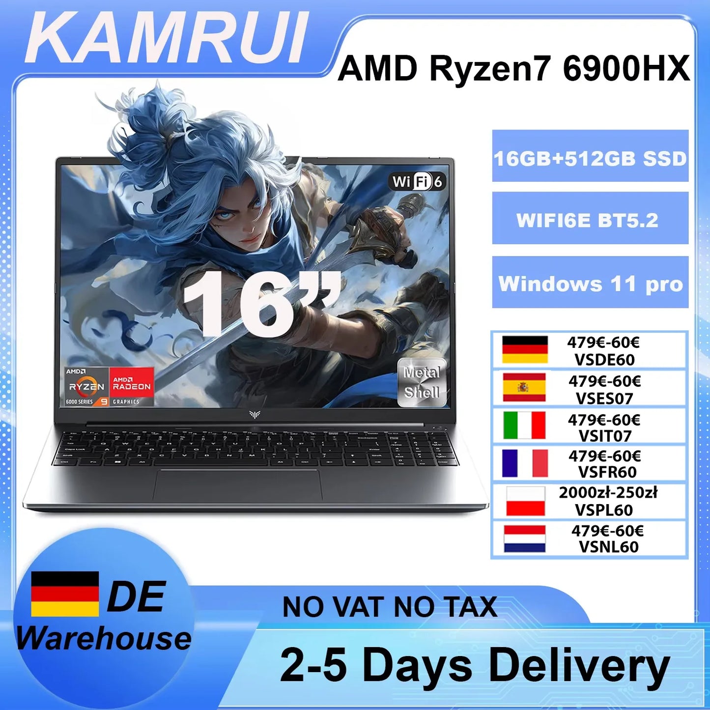 Kamrui 16-inch gaming laptop with AMD Ryzen 9 processor, Radeon graphics, and backlit keyboard