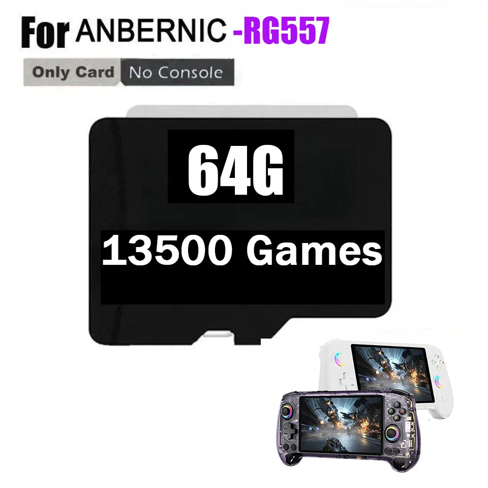 64GB Anbernic RG557 TF memory card with 13,500 games for portable handheld consoles, two devices shown