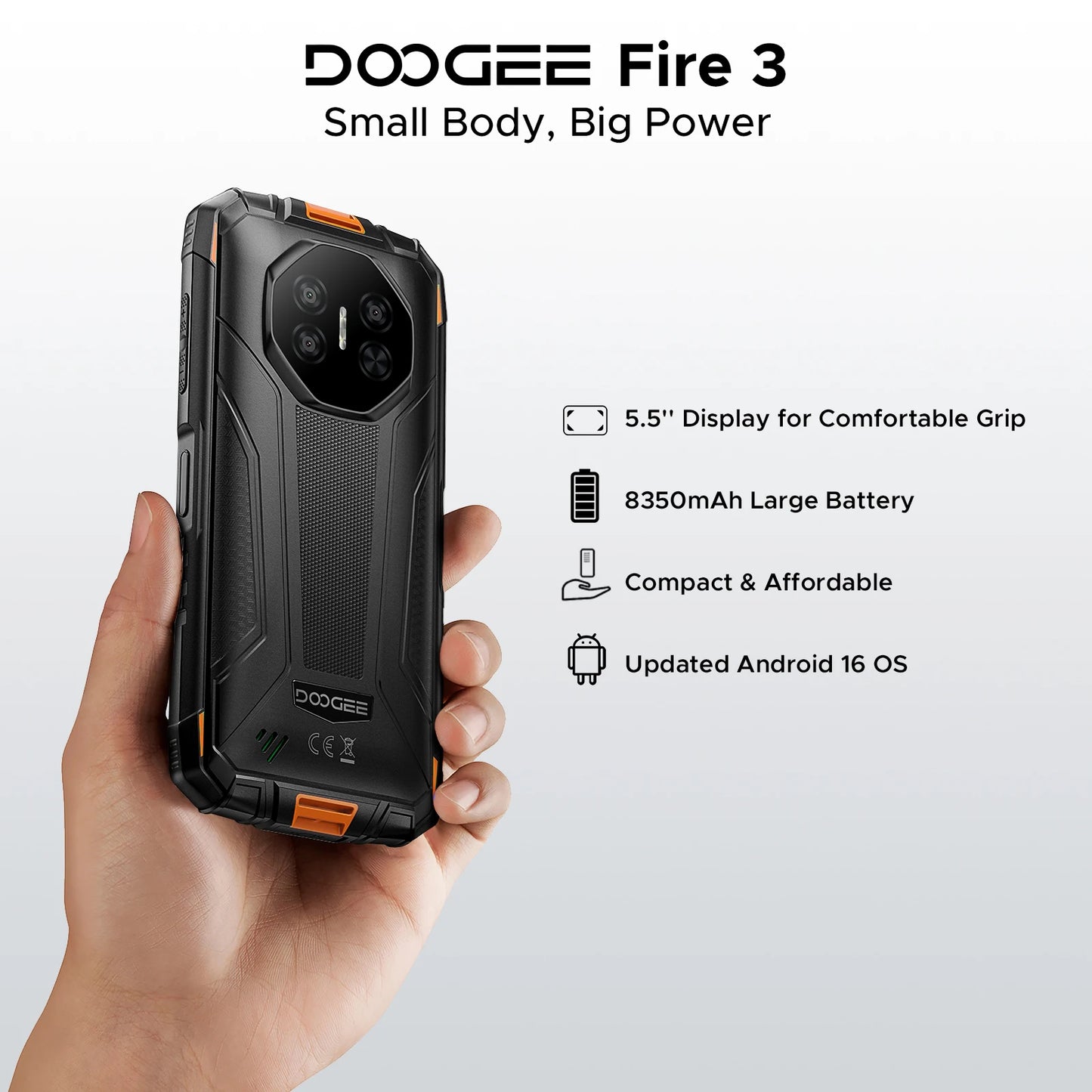 DOOGEE Fire 3 Rugged Phone 8350mAh Battery 5.5'' Display 12GB RAM (3GB+9GB)+64GB ROM Android 15 Smartphone Widevine L1 Cellphone