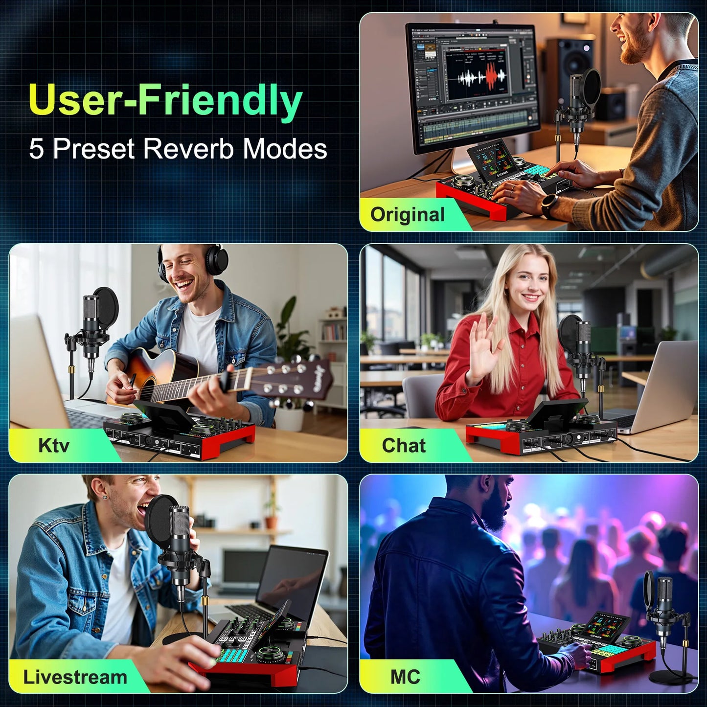 Portable red audio mixer bundle with condenser microphone for podcasting, by Perfect Take Gear.