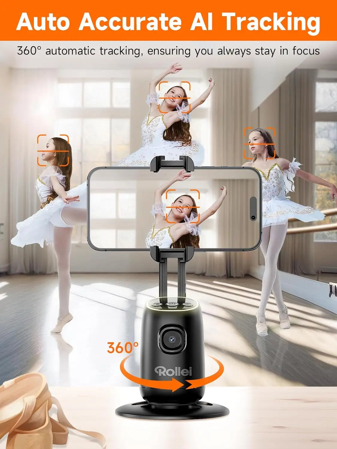 Rollei auto face-tracking phone tripod with 360° rotation and Bluetooth AI camera for content creation
