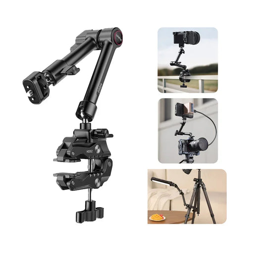 Ulanzi HD02 10-inch magic arm kit mounted on a camera and monitor in various setups