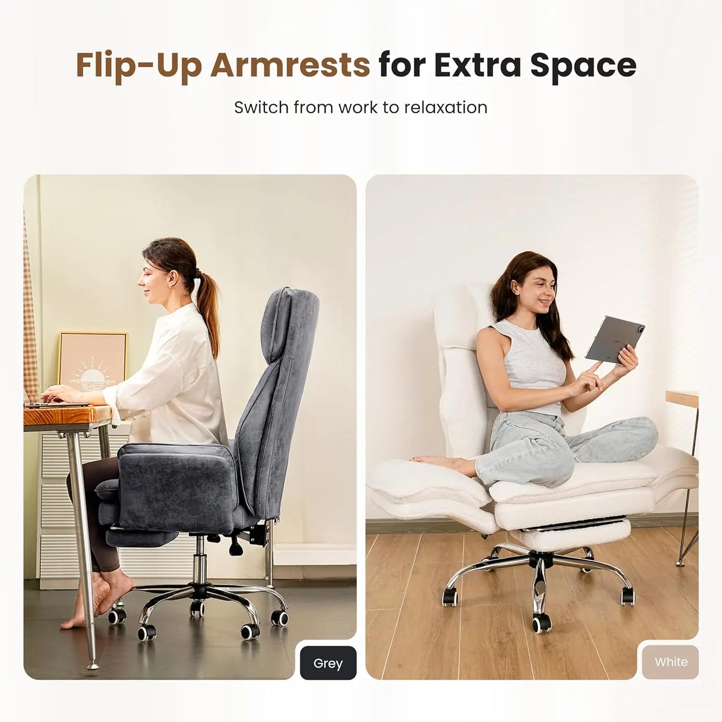 Office Chair, Flip Armrests for Pets & Cross Legged Sitting, Executive Ergonomic Computer Gaming Chair with Foot Rest. Available in Black or White