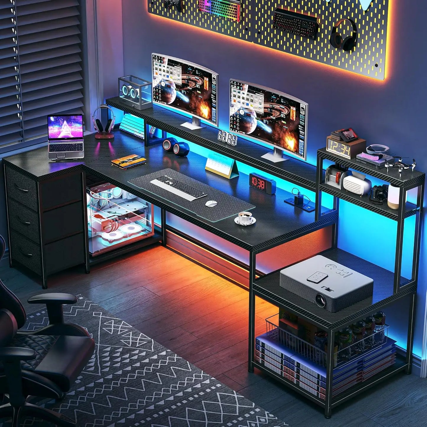 71" L Shaped Gaming Desk with 3 Drawers & Hutch,Computer Desk with Monitor Stand & Power Outlet,Home Office Desk, Customized