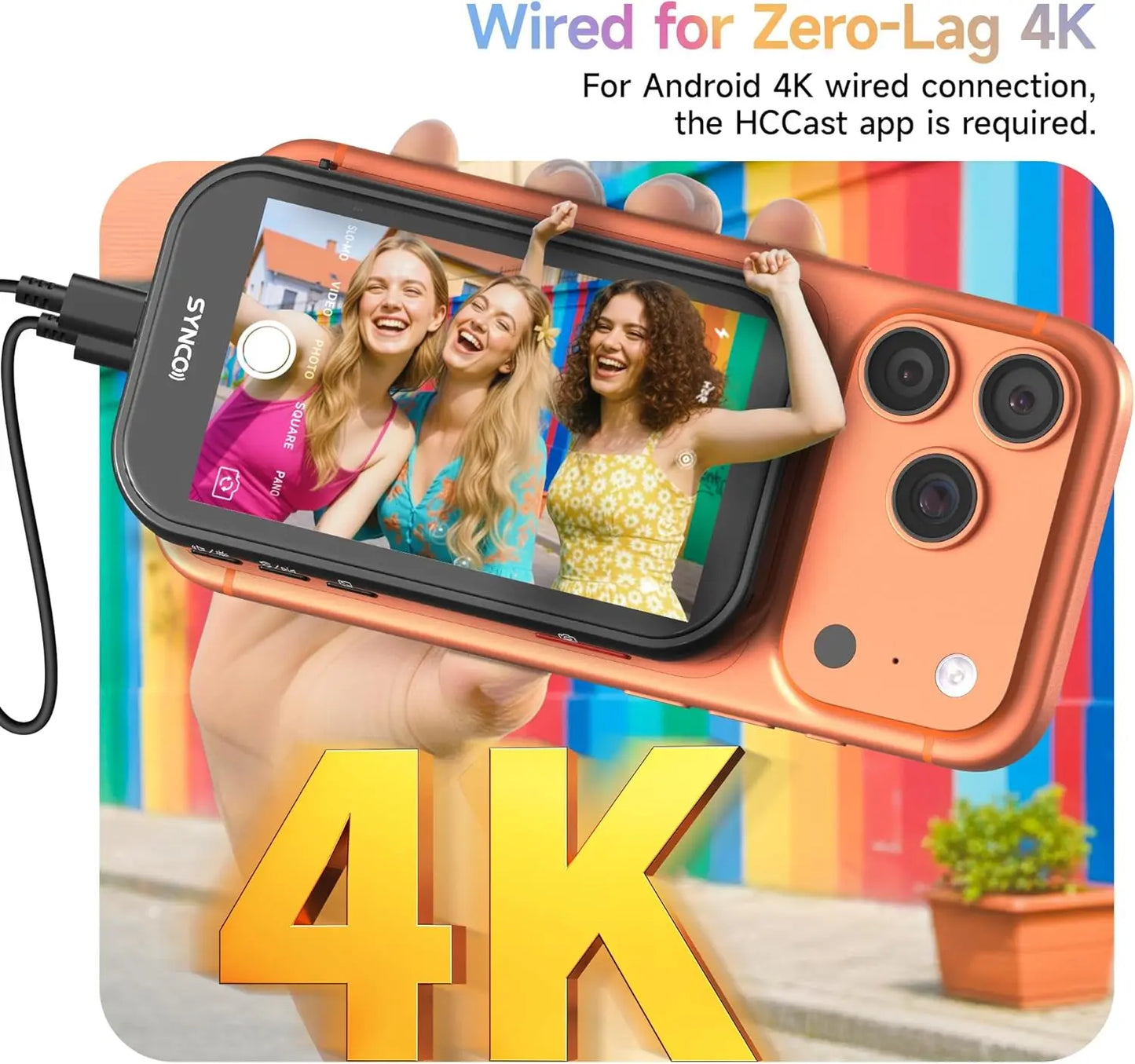 SYNCO XView Selfie Monitor Screen for iPhone 7-17 Series AI Gesture Wireless Magnetic Rear Camera 4K 1080P 164FT for Photograph