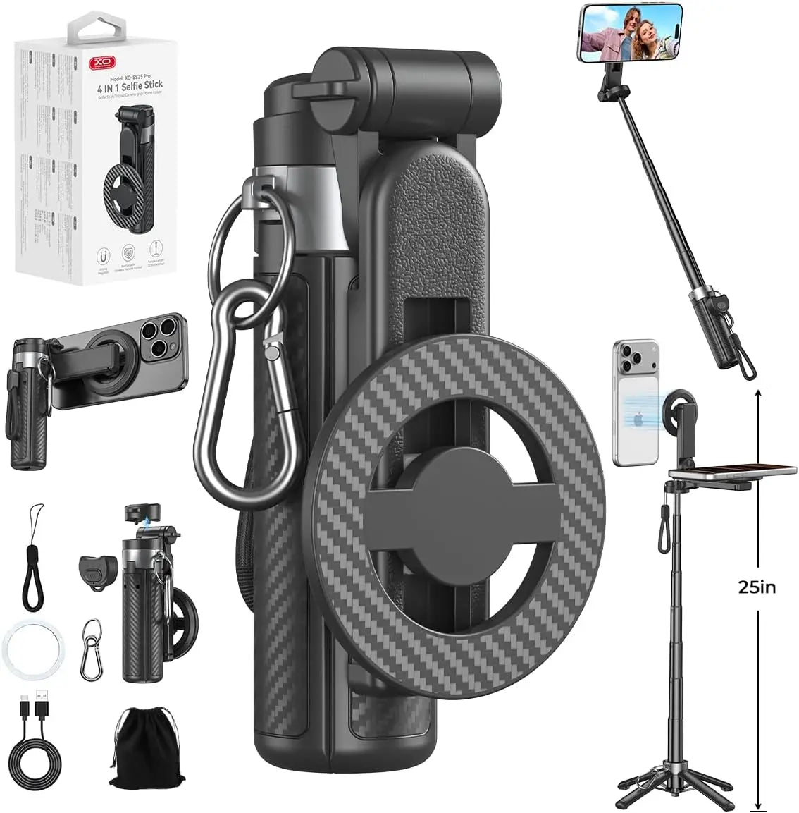 5-in-1 Magnetic Selfie Stick with Remote for Cell Phone 360° Rotation Mini Tripod Camera Grip Handheld Stabilizer Phone Stand