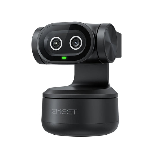 EMEET PIXY 4K dual-camera PTZ webcam on a stand, black with green LED