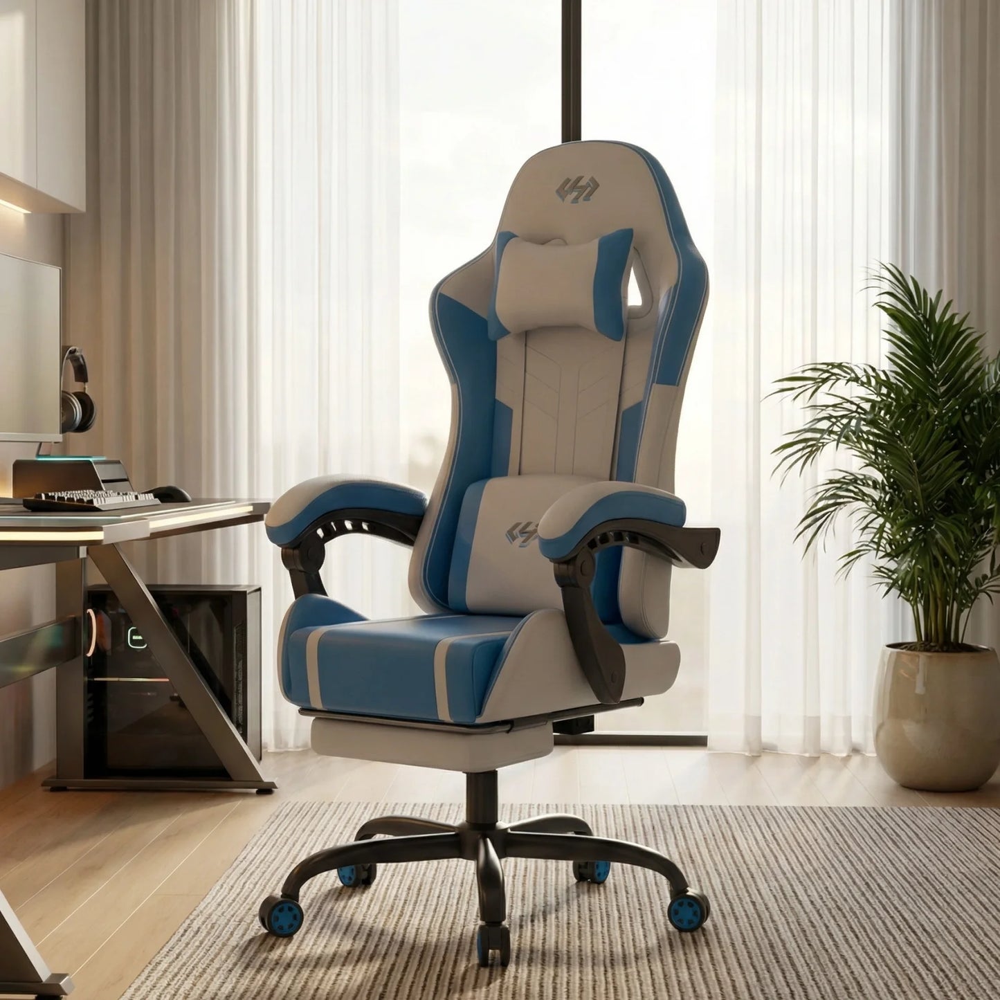 Ergonomic Gaming Chair, Lumbar Massage & Adjustable Headrest, Leather with Retractable Footrest and 360° Swivel, Multiple Colors