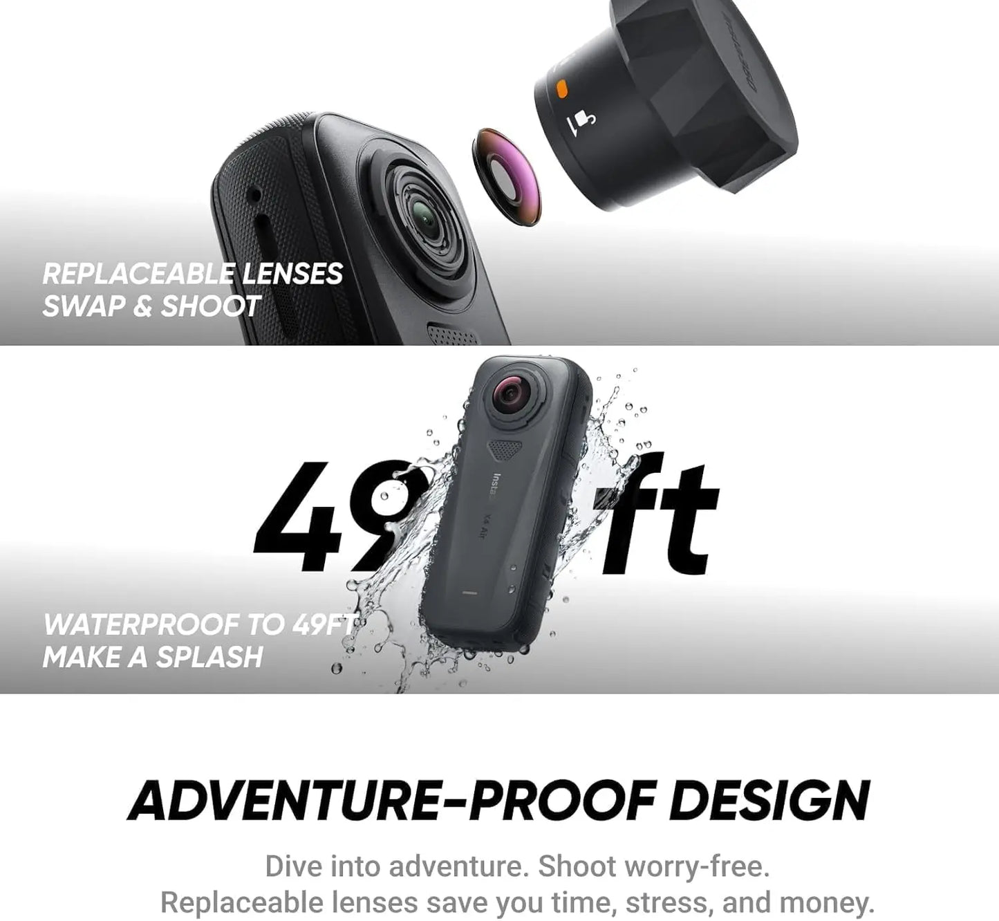 Waterproof 360 video camera with wireless selfie stick and lens cover