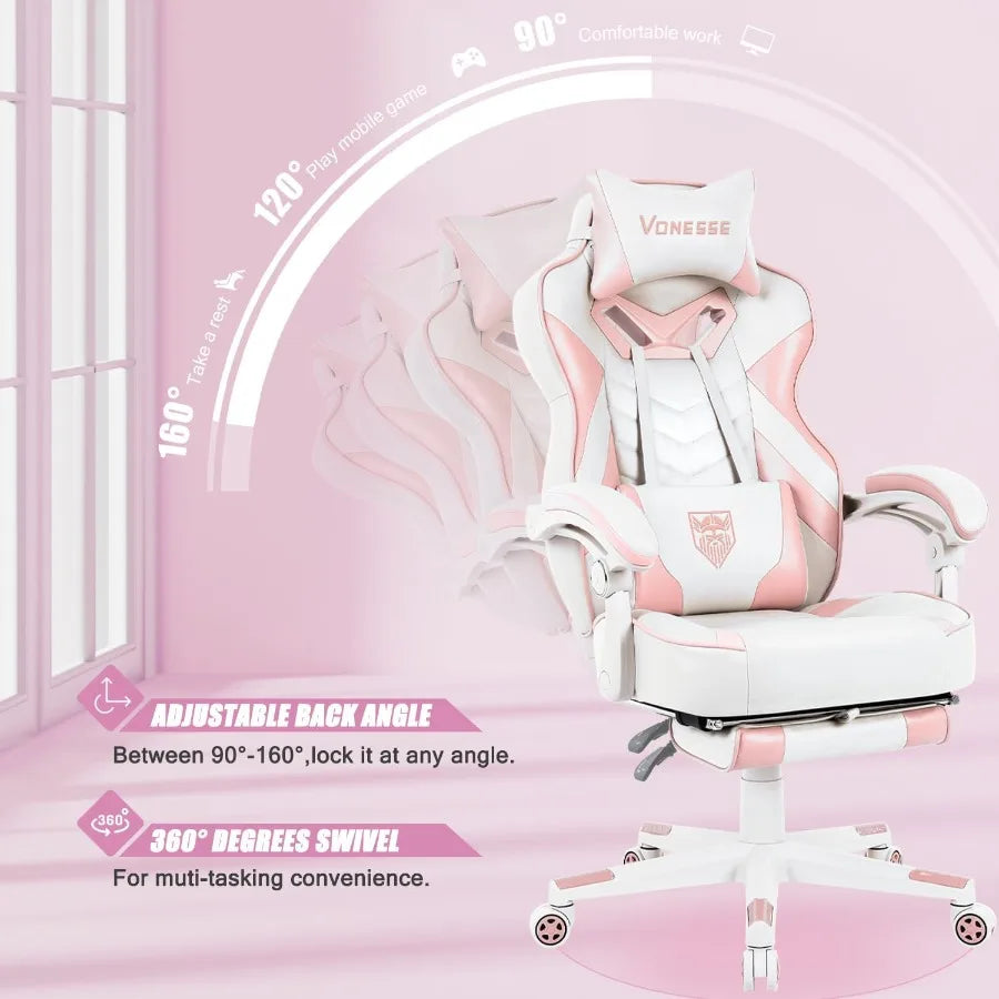 Pink Gaming Chair for AdultsGirls Computer Chair with High Back Big and Tall Gaming Chairs with Footrest and Massage Reclining