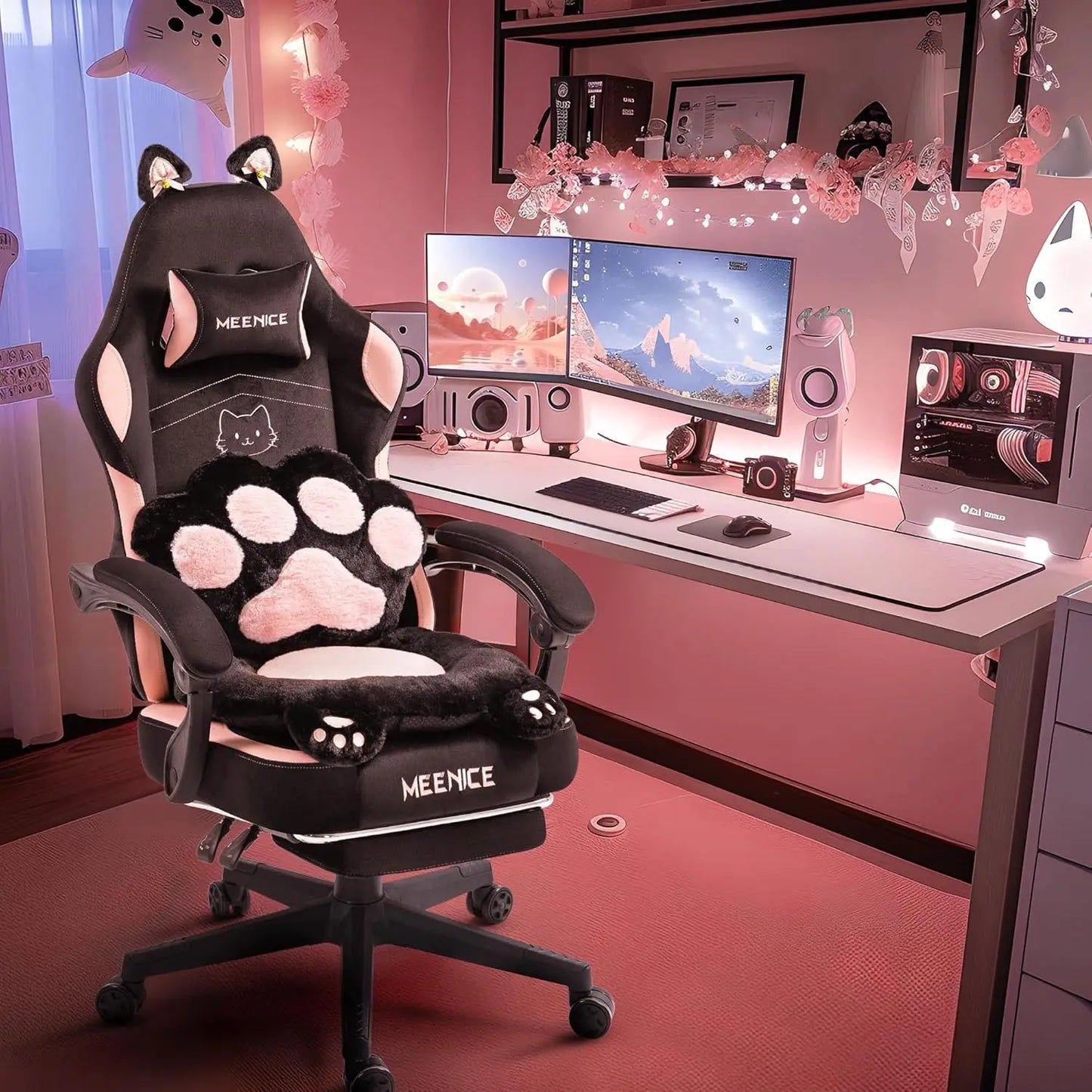 Pink Cute Gaming Chair with Cat Ears & Paw Lumbar Cushion, Ergonomic Reclining Computer Chair with Footrest, Customized Multiple Colors