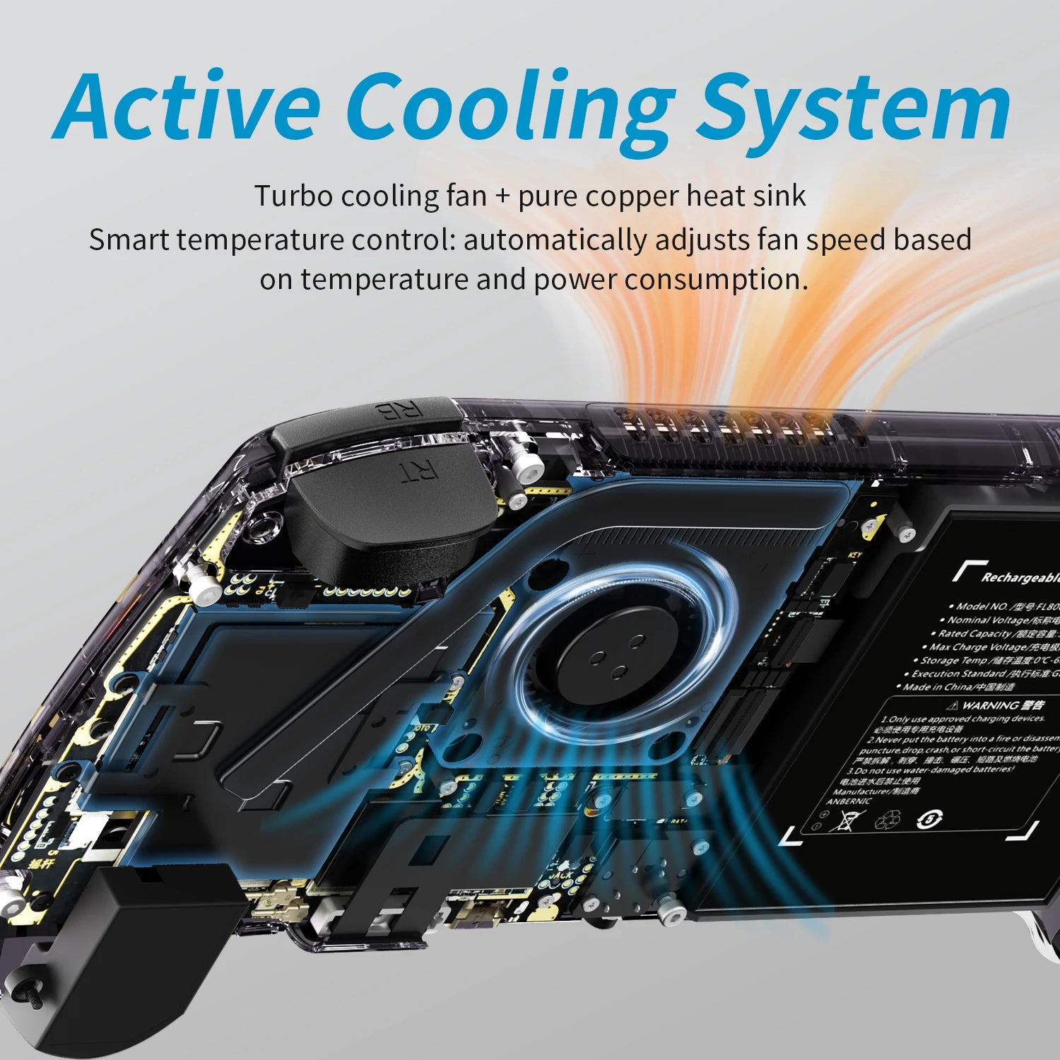 Anbernic RG557 handheld game console with active cooling system and copper heat sink
