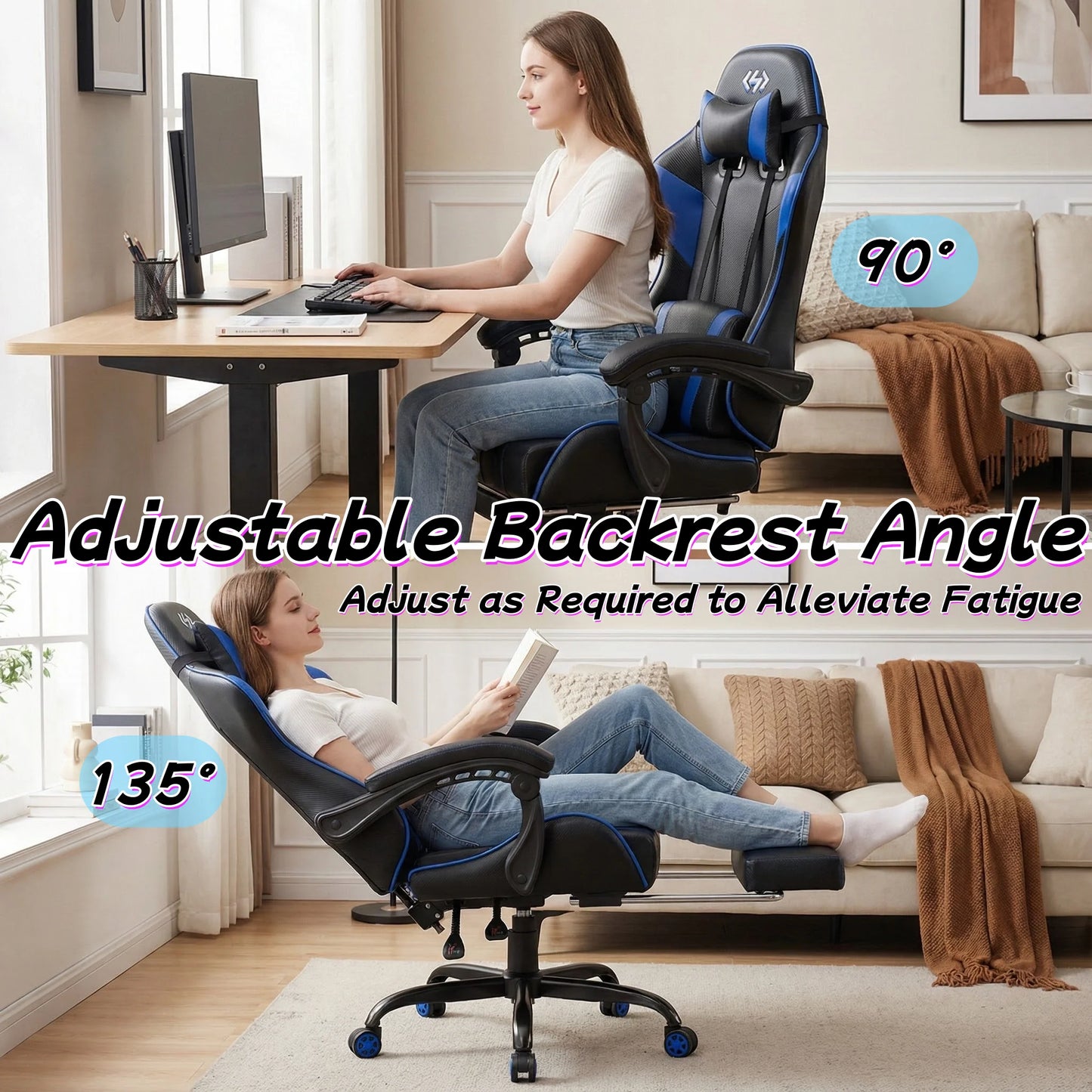 Ergonomic Gaming Chair, Lumbar Massage & Adjustable Headrest, Leather with Retractable Footrest and 360° Swivel, Multiple Colors