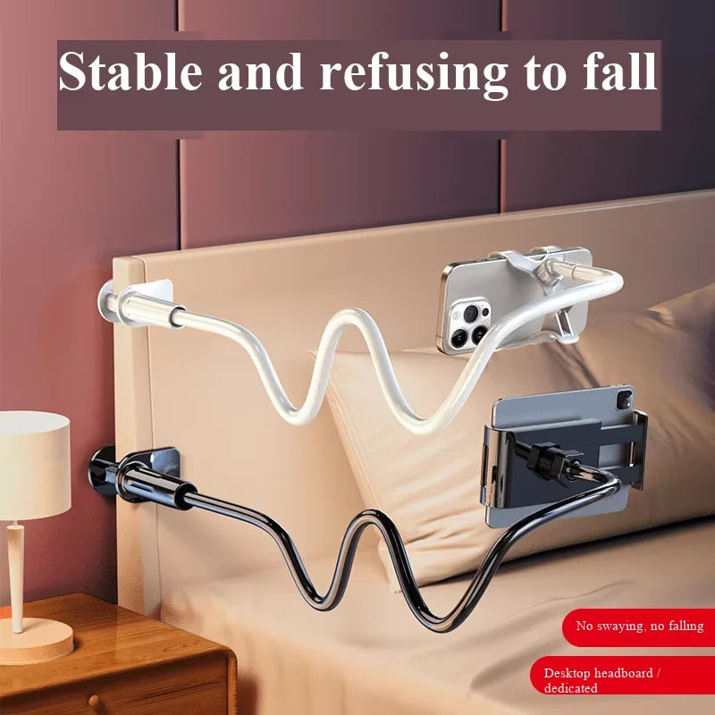 Universal lazy phone holder clip stand with white and black gooseneck arms holding two phones on bed and desk.